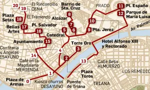 Mapa de ruta turística por Sevilla, con puntos de interés como la Plaza de España, el Parque de María Luisa, la Torre del Oro y el Barrio de Santa Cruz. Ideal para planificar qué ver en los alrededores de Sevilla.