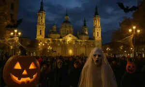 Gente disfrazada de fantasmas y calabazas celebra Halloween Zaragoza frente a la Basílica del Pilar iluminada. Murciélagos de cartón decoran la noche.