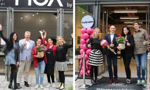 Inauguración de tienda en marketches torre outlet. Gente sonriente celebra la apertura con globos rosas y plantas.