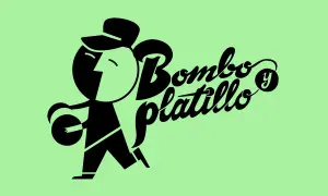 Un personaje con sombrero y traje negro, tocando un bombo y platillo, con el texto "Bombo y platillo Zaragoza" en letras negras sobre fondo verde claro.