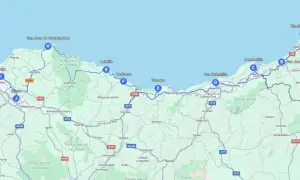 Mapa de ruta que muestra cómo ir a Cantabria, pasando por Bilbao, San Sebastián y la costa vasca.