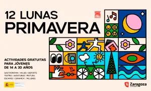 Cartel "12 Lunas Primavera" en Zaragoza. Actividades gratuitas para jóvenes de 14 a 30 años. Ilustraciones de luna, sol, bicicleta, flores y más.