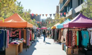 Un animado mercadillo zaragoza domingos con puestos de ropa colorida bajo toldos. Gente pasea entre las tiendas.