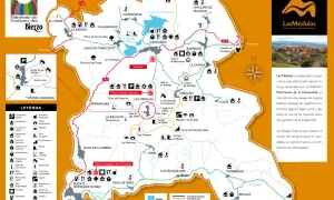 Mapa turístico del Bierzo, ideal para saber qué ver en León, con rutas, pueblos y puntos de interés como Las Médulas.