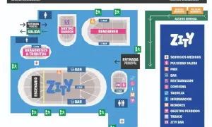 Mapa del recinto Zity con escenario, bares, zonas de restauración, accesos y servicios médicos.