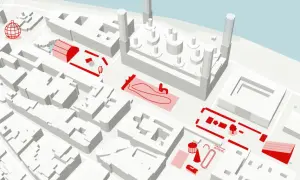 Mapa de la agenda cultural Zaragoza, con iconos rojos que señalan eventos y espacios de interés en un plano isométrico de la ciudad.