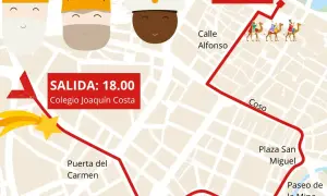 Mapa de la cabalgata Zaragoza. Reyes Magos en camellos por el Coso, salida 18:00 del Colegio Joaquín Costa.