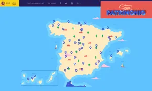 Mapa interactivo de España con marcadores que señalan el **patrimonio de la humanidad en España**. Incluye las islas Canarias y Baleares.