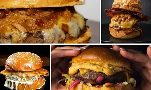 Cuatro deliciosas hamburguesas, cada una un campeón de sabor, con queso derretido, tocino crujiente y cebolla caramelizada.