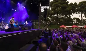 Concierto en un jardín de invierno con pilares de escenario y una multitud disfrutando bajo luces púrpuras.