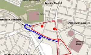 Mapa de rutas en Zaragoza, mostrando el Paseo María Agustín, Avenida Madrid y Rotonda Ciudadanía.