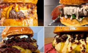 Cuatro hamburguesas deliciosas, un festín para los amantes de las hamburguesas.