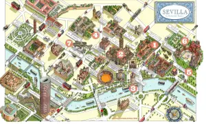 Mapa ilustrado de Sevilla con puntos de interés como el Real Alcázar, la Catedral y la Plaza de España. ¡Descubre las cosas que ver en Sevilla!
