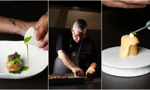 Chef en un restaurante estrella Michelin prepara un plato con esmero. La cocina de autor se refleja en cada detalle.