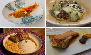 Cuatro platos exquisitos: gamba con arroz, huevo con puré verde, carne con frijoles y arroz, y costilla de cerdo. Un menú especial para el Día del Pilar.