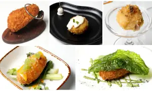 Cinco croquetas gourmet, algunas con salsas y guarniciones, listas para el concurso de croquetas Zaragoza.