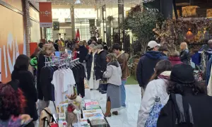 Gente comprando en un rastro de Zaragoza. Hay ropa colgada en percheros y puestos con libros y adornos.
