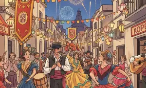 Gente celebra las fiestas mayores en una calle adornada con farolillos y fuegos artificiales. Bailarines y músicos animan la noche.
