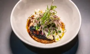 Plato gourmet con un trozo de carne oscuro y crujiente, cubierto de cebolla morada y hierbas frescas, bañado en una salsa dorada. Un solete Repsol para el paladar.