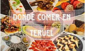 Collage de platos exquisitos, ideal para descubrir los mejores restaurantes Teruel. Jamón, cordero, postres y más.