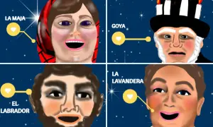 Cabezudos del Parque Goya: La Maja, Goya, El Labrador y La Lavandera, retratados con estilo caricaturesco sobre un fondo estrellado.
