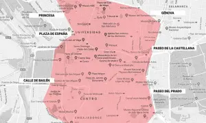 Mapa de Madrid con zona resaltada en rosa, ideal para ir a Madrid en coche y explorar el centro.