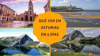 Un collage muestra Oviedo, Gijón, Picos de Europa y Covadonga, invitando a descubrir qué ver en Asturias en 5 días.