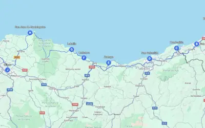 Mapa de ruta que muestra cómo ir a Cantabria, pasando por Bilbao, San Sebastián y la costa vasca.