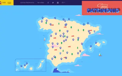 Mapa interactivo de España con marcadores que señalan el **patrimonio de la humanidad en España**. Incluye las islas Canarias y Baleares.