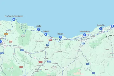 Mapa de ruta que muestra cómo ir a Cantabria, pasando por Bilbao, San Sebastián y la costa vasca.