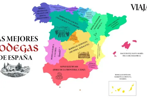 Mapa de las mejores bodegas de España, destacando regiones vinícolas y nombres como Bodegas Vega Sicilia y González Byass.