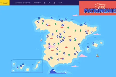 Mapa interactivo de España con marcadores que señalan el **patrimonio de la humanidad en España**. Incluye las islas Canarias y Baleares.