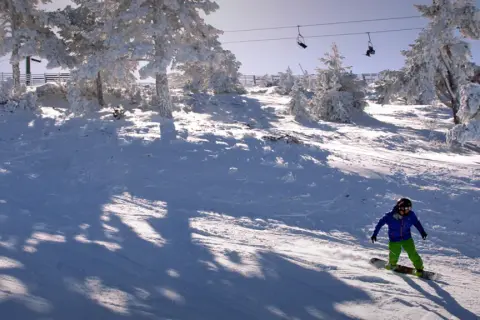 Un snowboarder desciende por una ladera nevada en una estación de esquí de Teruel, rodeado de árboles cubiertos de escarcha y telesillas.