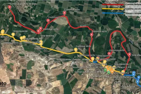 Mapa del camino santiago desde Zaragoza, mostrando rutas del Camino Natural del Ebro y Camino Jacobeo.