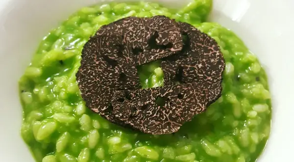 Risotto verde con trufa negra, un manjar que representa la comida típica de Zaragoza.