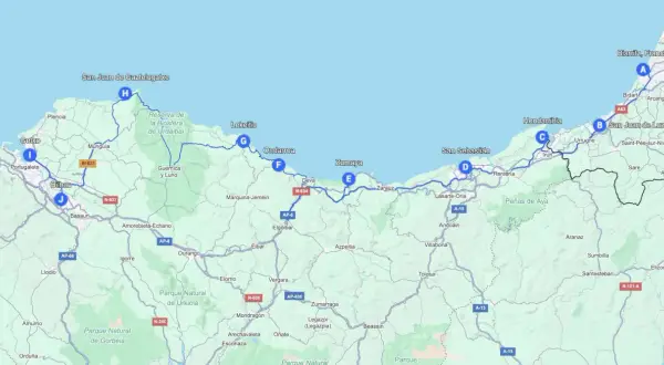 Mapa de ruta que muestra cómo ir a Cantabria, pasando por Bilbao, San Sebastián y la costa vasca.