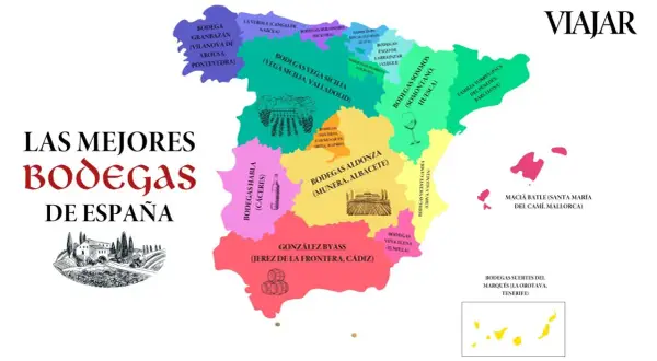 Mapa de las mejores bodegas de España, destacando regiones vinícolas y nombres como Bodegas Vega Sicilia y González Byass.