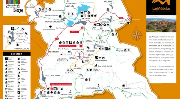 Mapa turístico del Bierzo, ideal para saber qué ver en León, con rutas, pueblos y puntos de interés como Las Médulas.