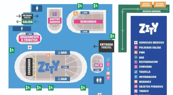 Mapa del recinto Zity con escenario, bares, zonas de restauración, accesos y servicios médicos.