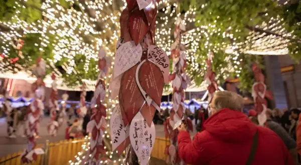 Árbol de deseos en el mercadillo de Navidad de Zaragoza, cubierto de hojas con mensajes y luces festivas.