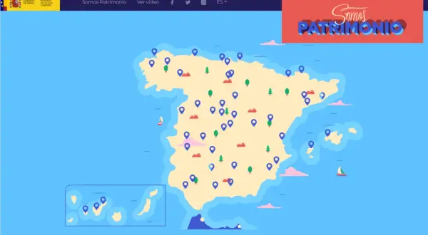 Mapa interactivo de España con marcadores que señalan el **patrimonio de la humanidad en España**. Incluye las islas Canarias y Baleares.