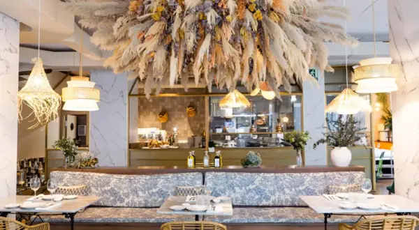 Elegante restaurante Origen Zaragoza con decoración natural y mesas listas para disfrutar.
