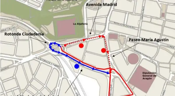 Mapa de rutas en Zaragoza, mostrando el Paseo María Agustín, Avenida Madrid y Rotonda Ciudadanía.