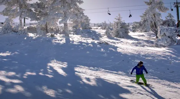 Un snowboarder desciende por una ladera nevada en una estación de esquí de Teruel, rodeado de árboles cubiertos de escarcha y telesillas.