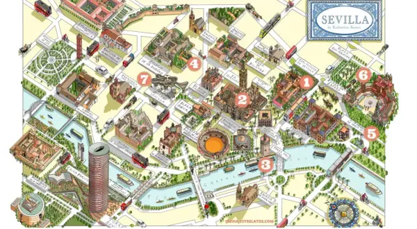 Mapa ilustrado de Sevilla con puntos de interés como el Real Alcázar, la Catedral y la Plaza de España. ¡Descubre las cosas que ver en Sevilla!