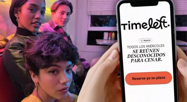 Jóvenes en un ambiente de neón, uno sostiene un teléfono con la app Timeleft. "Todos los miércoles se reúnen desconocidos para cenar", se lee. Opiniones sobre esta app son positivas.