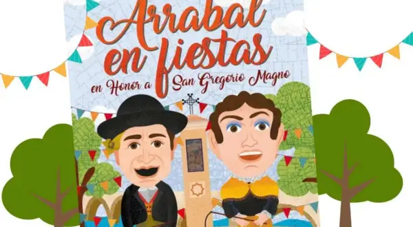 Cartel anunciando las fiestas arrabal en honor a San Gregorio Magno, con caricaturas de dos hombres y decoración festiva.