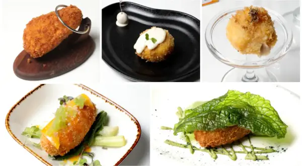 Cinco croquetas gourmet, algunas con salsas y guarniciones, listas para el concurso de croquetas Zaragoza.