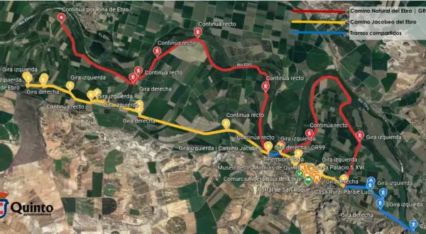 Mapa del camino santiago desde Zaragoza, mostrando rutas del Camino Natural del Ebro y Camino Jacobeo.