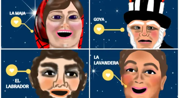 Cabezudos del Parque Goya: La Maja, Goya, El Labrador y La Lavandera, retratados con estilo caricaturesco sobre un fondo estrellado.